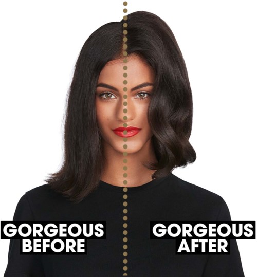 Geteiltes Bild einer Frau, die eine Vorher- und Nachher-Haarveränderung zeigt, mit sichtbar unterscheidbarem Haar auf beiden Seiten.
