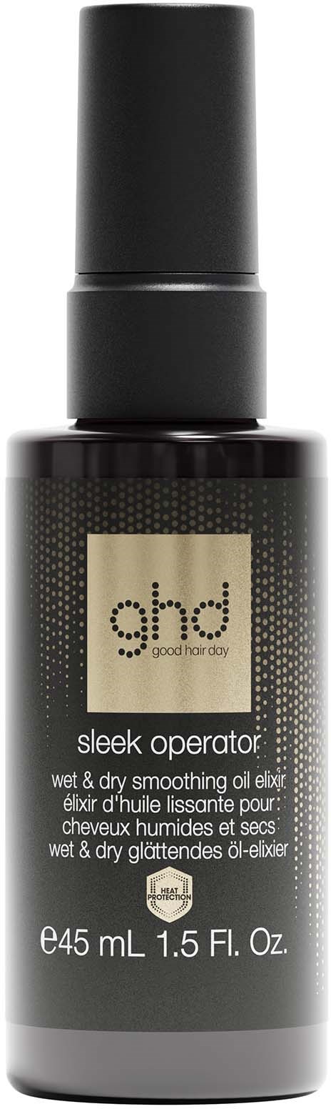 A black bottle of hair serum with a pump top, labeled for wet and dry hair smoothing.