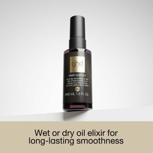 A black bottle with a pump, labeled Ghd Sleek Operator oil for hair, on a white and beige background.