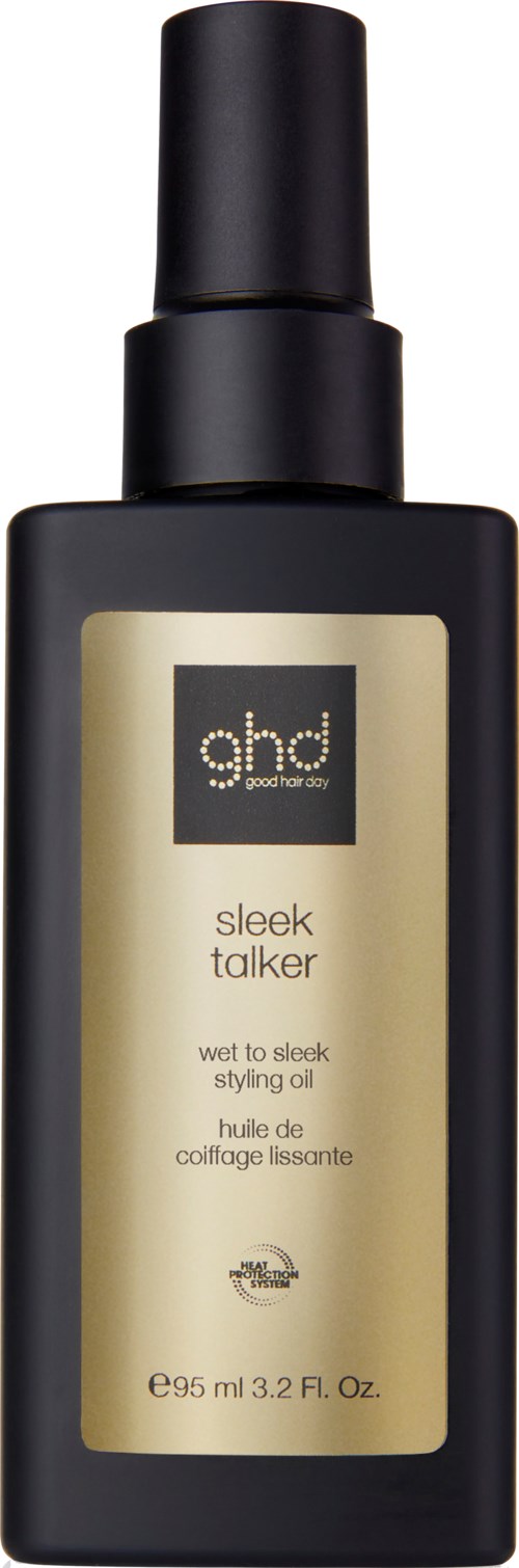 A black bottle with a spray cap, labeled GHD Sleek Talker styling oil, 95 ml, smooth design.
