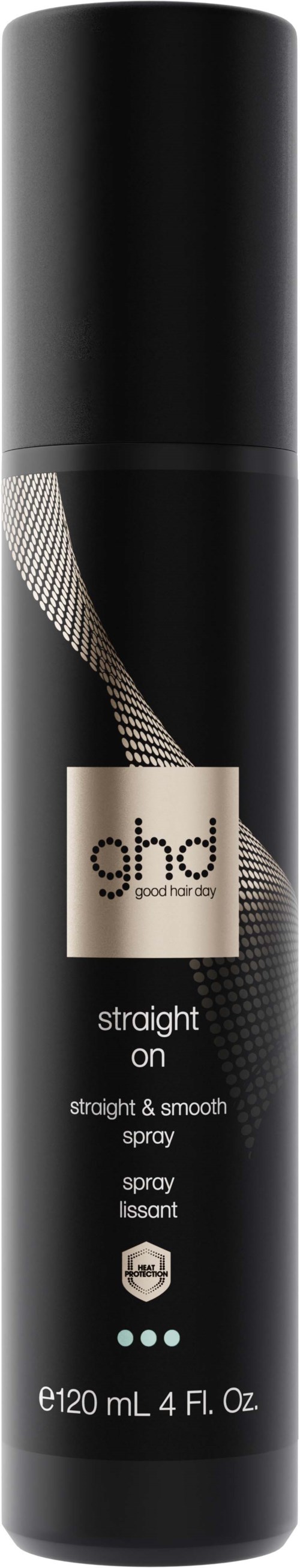 A black cylindrical can with a label reading ghd and describing a hair spray.