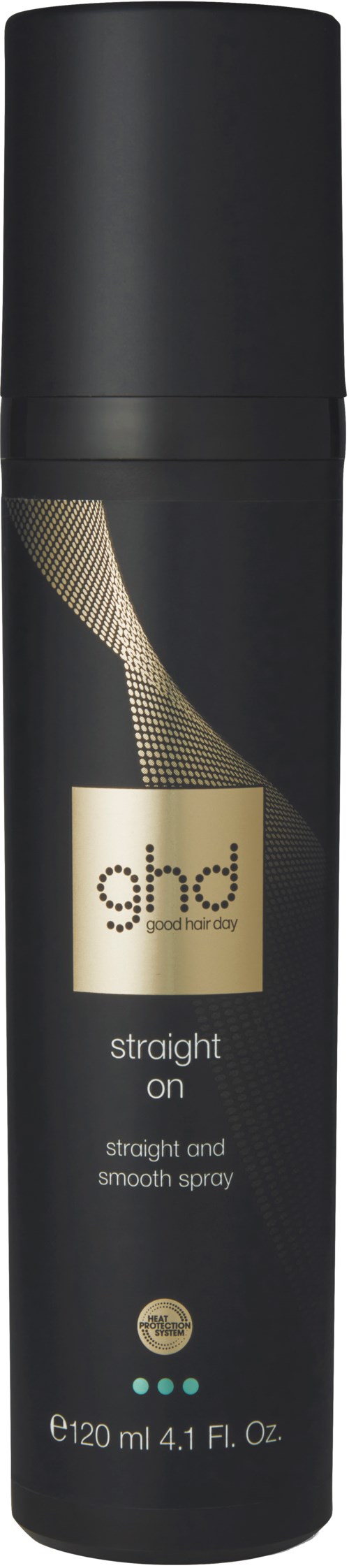 A black can of men's grooming spray called GHD, labeled 'straight on,' with 20 ml size and flat green dots.