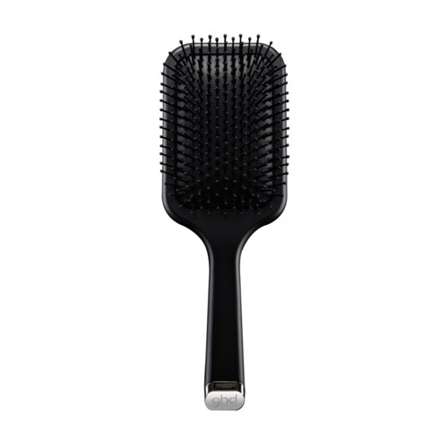 A black hairbrush with wide spacing and bristles, with a handle and a metal part at the bottom.