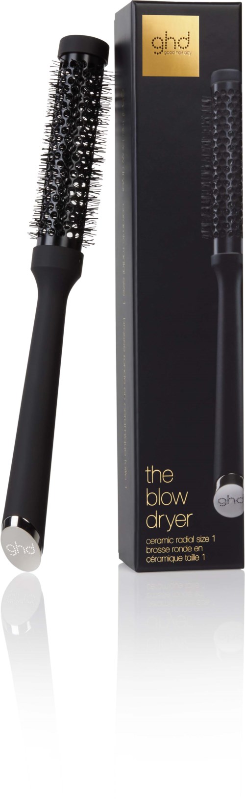 A round hairbrush with a black handle, alongside a black box labeled "ghd the blow dryer."