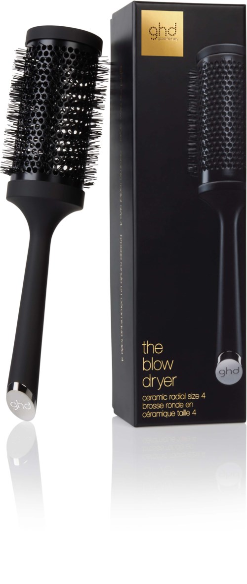 A black round hairbrush with a handle and a box standing next to it, labeled as a blow dryer brush.