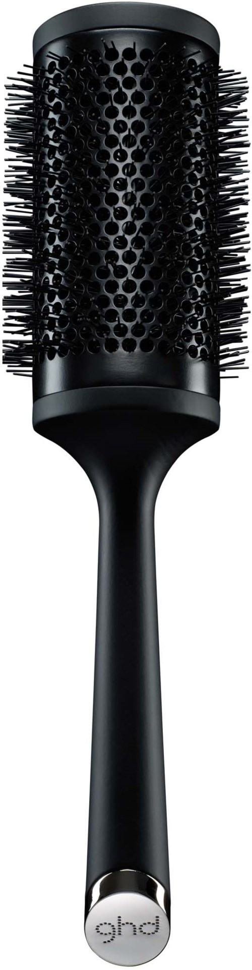 A round hairbrush with a black handle and bristles, and a black perforated barrel for styling hair.