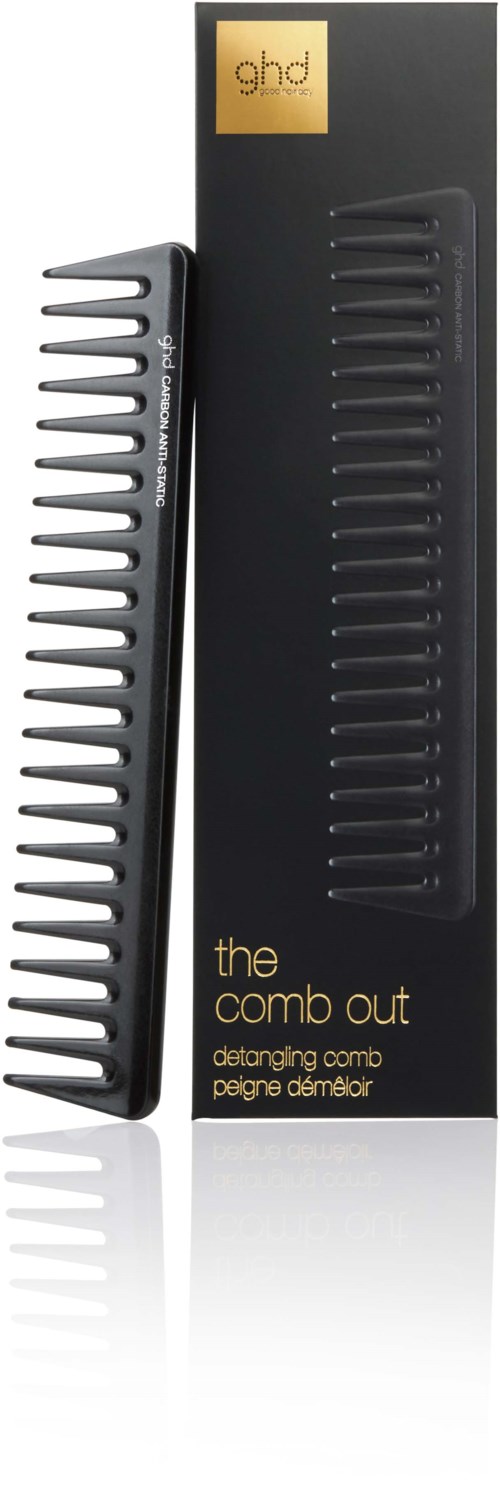 A detangling comb is shown next to its black packaging with gold label. The comb has wide teeth for easy hair detangling.