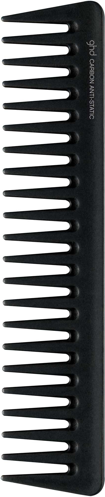A black wide-tooth comb with the words "Barber's Comb" on it, against a black background.