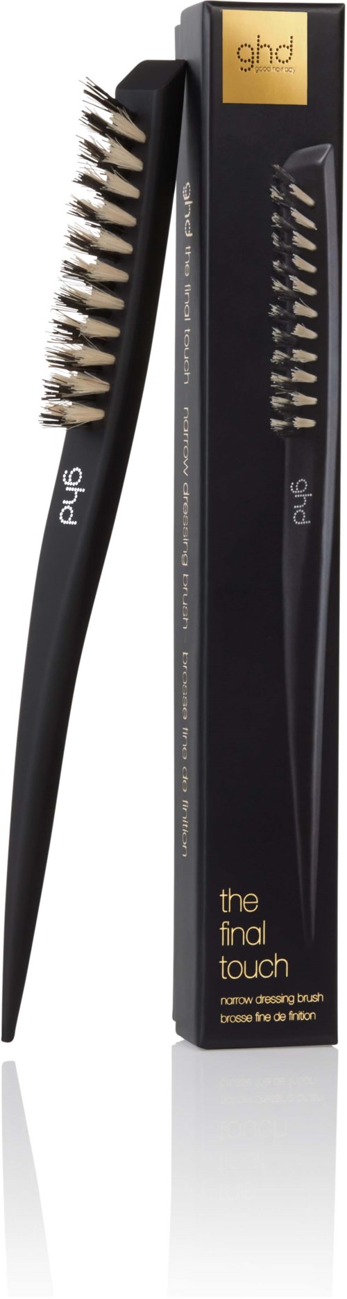 A black hairbrush with a curved handle and mixed bristles, next to its tall black box packaging.