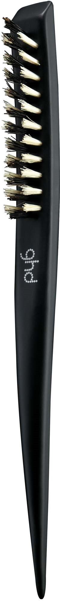 A black nail brush with white bristles and a pointed handle, designed for cleaning nails.