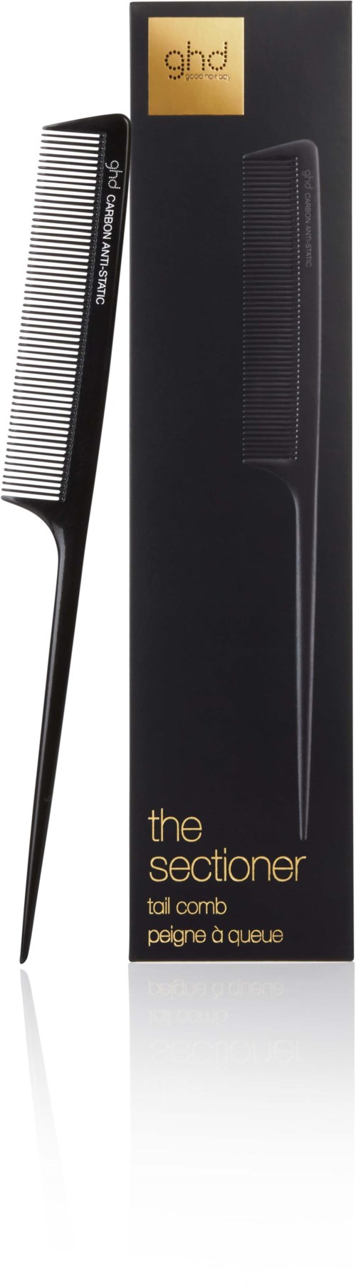 A black hair comb with thin, closely spaced teeth and its box packaging is shown.