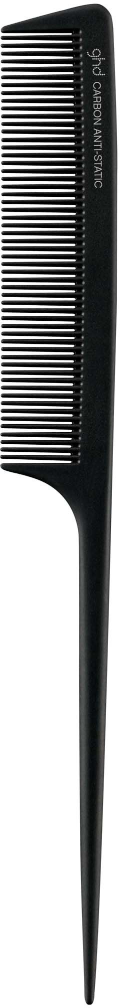 A black hair comb with fine teeth and a pointed tail for sectioning hair.