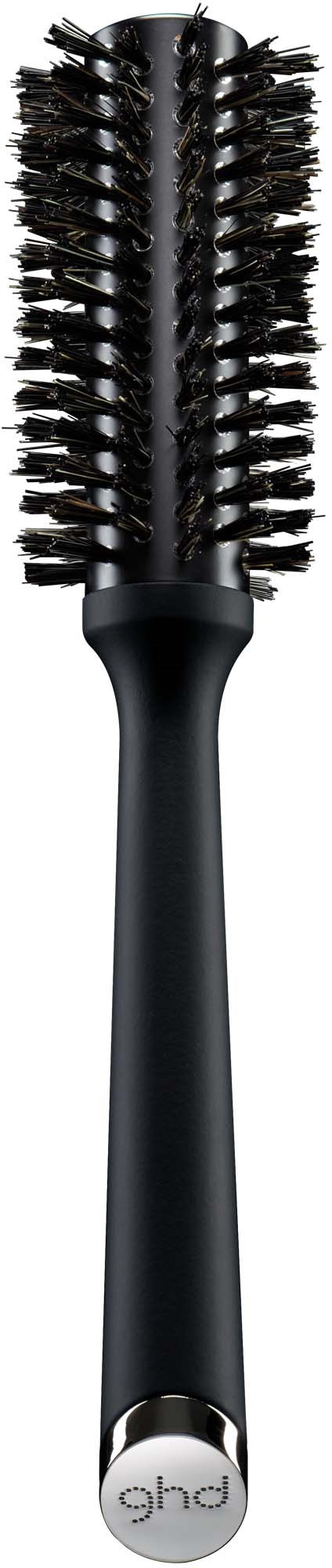 A round brush with black bristles and a long handle, used for styling hair.