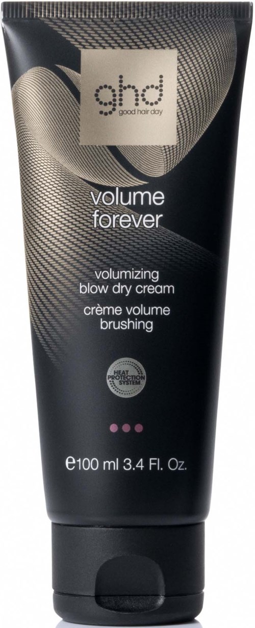 A black tube with gray, white, and pink lines, labeled 'ghd volume forever' for hair styling cream, containing 100ml.