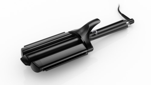 A black curling iron with a handle, barrel, and cord on a white background.