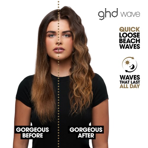 A woman with wavy hair, comparing her hair before and after a beach wave hair product. Text explains quick, loose, beach waves.