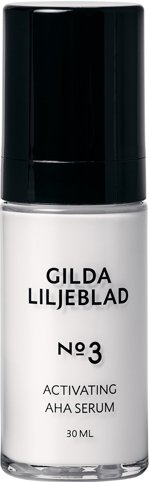Kleine witte fles met zwart deksel, label Gilda Liljeblad, Nr. 3 activerend AHA-serum, 30 ml.