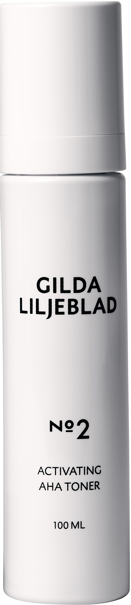 Een witte fles met Gilda Liljeblad, nr 2, activerende AHA-toner, 100 ml.