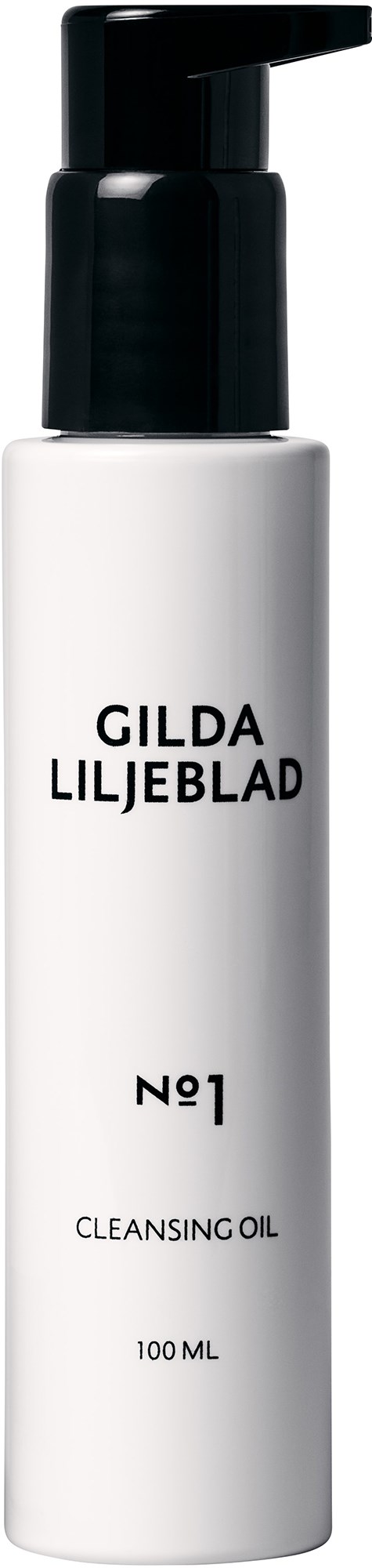 Een witte fles met zwarte pomp, gelabeld "GILDA LILJEBLAD No.1 REINIGINGSOIL," 100 ml, tegen een zwarte achtergrond.