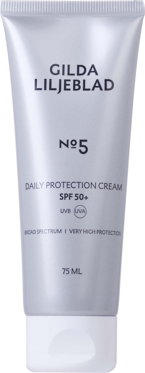Zilveren tube met label Gilda Liljeblad No. 5 dagcrème met SPF 50+ en 75ml.