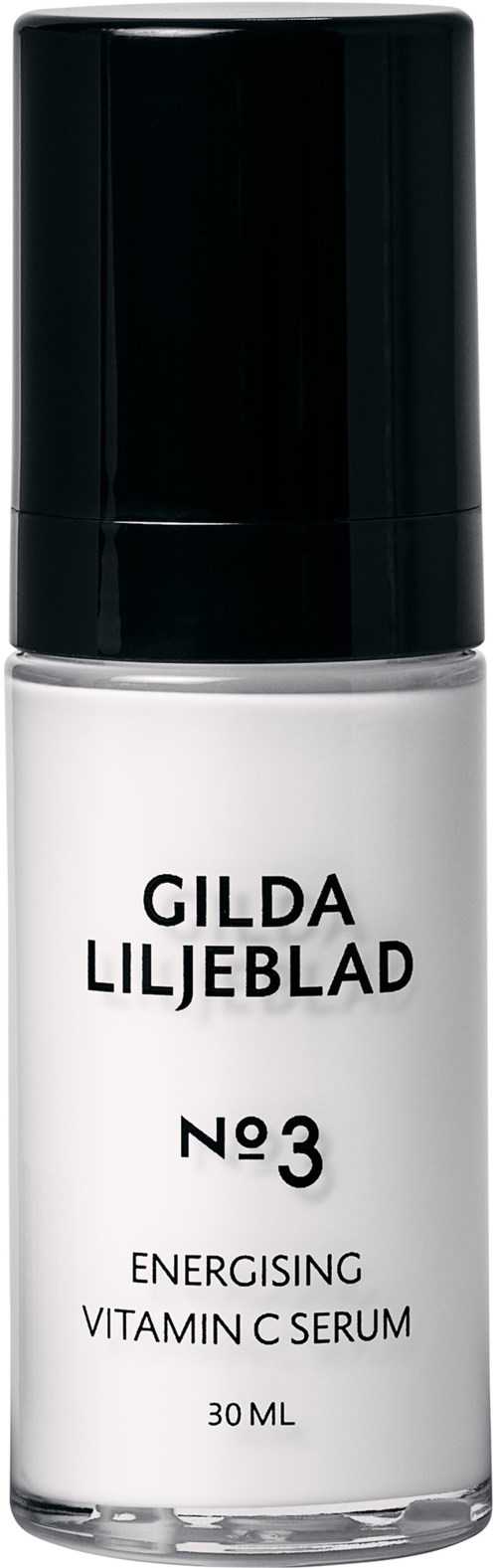 Een witte fles met zwarte dop, gelabeld Gilda Liljeblad nr 3 energiserend vitamine C-serum, 30 ml.