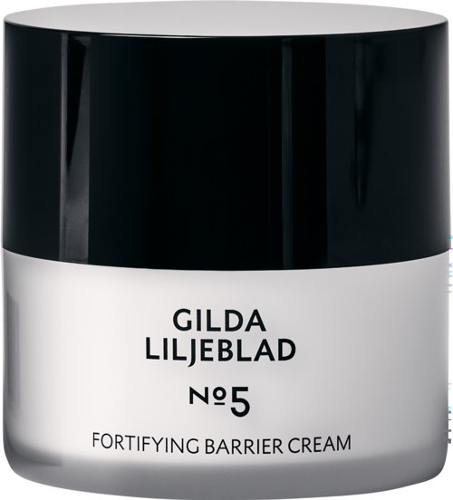 Een pot Gilda Liljeblad No. 5 versterkende barrièrecrème met een zwart deksel en wit label.