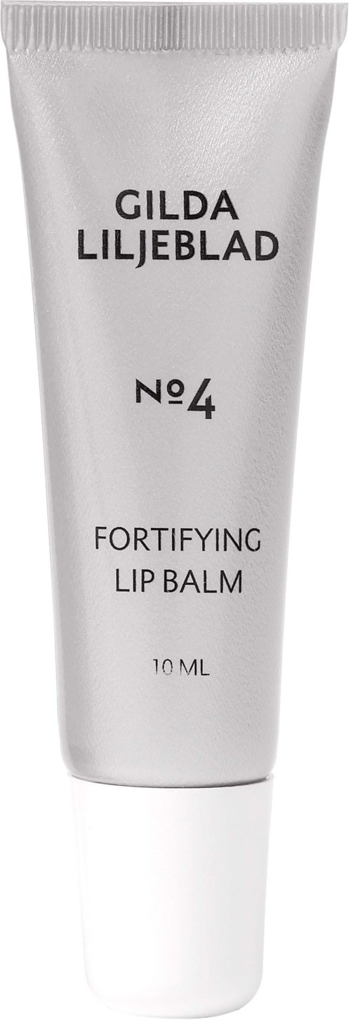 Een zilveren tube met zwarte tekst voor Gilda Liljeblad No. 4 versterkend lippenbalsem, 10 ml, rechtopstaand.