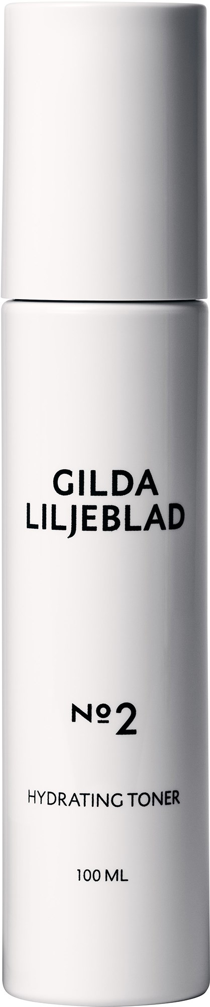 Een witte fles met label Gilda Liljeblad No. 2 Hydrating Toner, 100 ml.