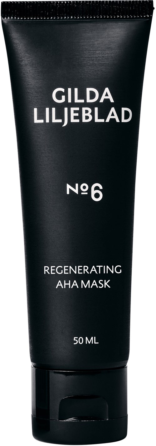 Een zwarte tube met witte tekst, gelabeld 'Gilda Liljeblad Nr 6 Regenerating AHA Mask, 50 ML.'