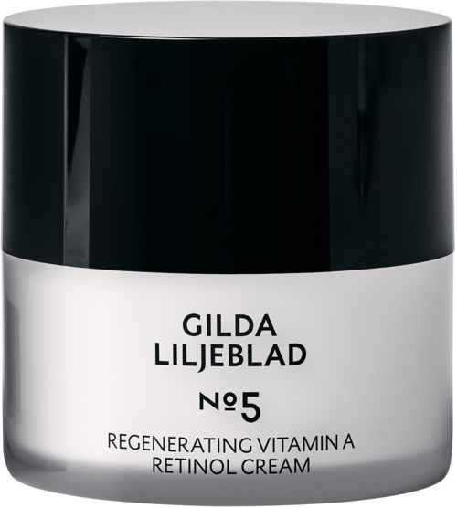 Een potje met Gilda Liljeblad No.5 regenererende vitamine A retinolcrème, zwart-wit ontwerp.