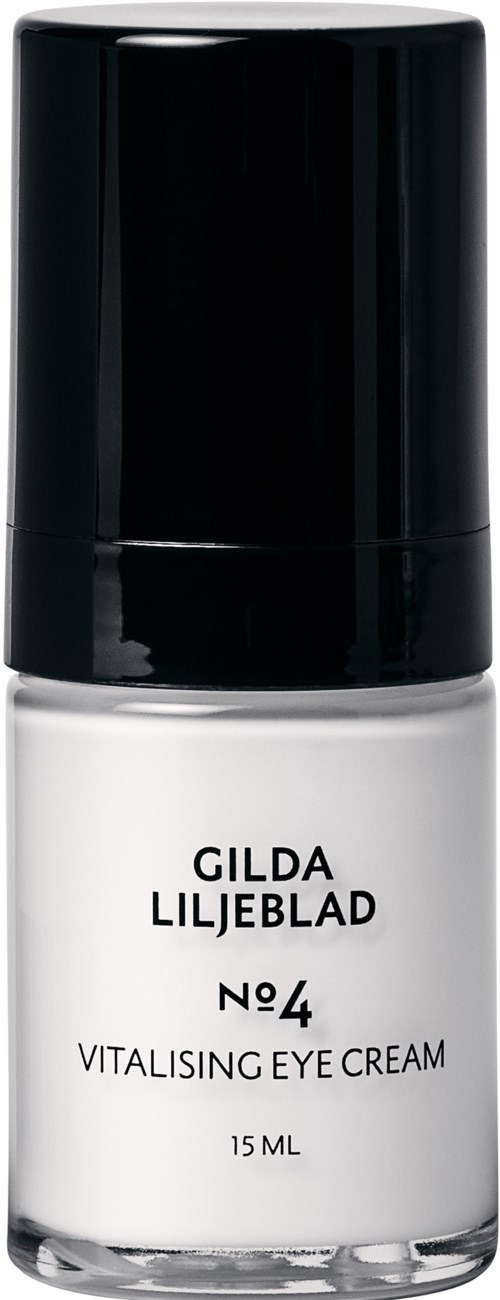 Kleine witte fles met zwarte dop met label Gilda Liljeblad, vitaliserende oogcrème, 15 ml.