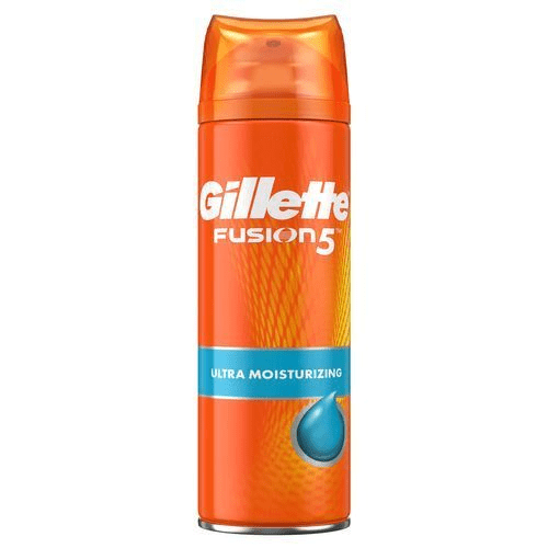 Eine Spraydose Gillette Fusion5 mit ultra-feuchtigkeitsreicher Formel und einem blauen Wassertropfensymbol.