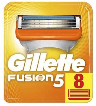 Eine Gillette Fusion 5 Rasiererpackung mit orange und gelber Verpackung, und der Zahl 8 unten rechts.