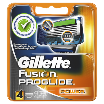 Eine Packung Gillette Fusion ProGlide Power Rasierer mit vier Klingen. Es zeigt Markenname, Produktdetails und einen grünen Häkchen.