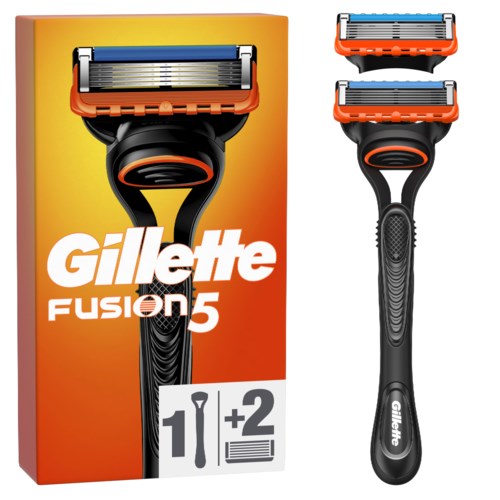 Gillette Fusion5 Rasierer mit austauschbaren Klingen, neben einer orange-schwarzen Verpackung.