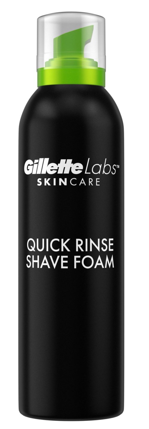 Schwarze Flasche mit grünem Deckel, Beschriftung 'Gillette Labs Skincare Quick Rinse Shave Foam.'