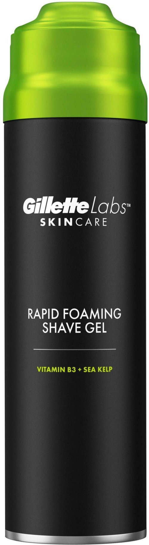Eine schwarze und grüne Spraydose mit der Aufschrift Gillette Labs Skincare Rapid Foaming Shave Gel mit Vitamin B3 und Meersalat.
