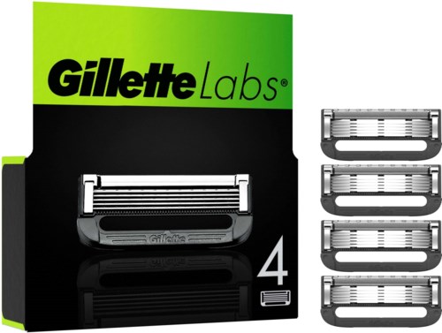 Gillette Labs Rasierklingen mit 4 Aufsätzen in schwarzer, grüner und silberner Verpackung.