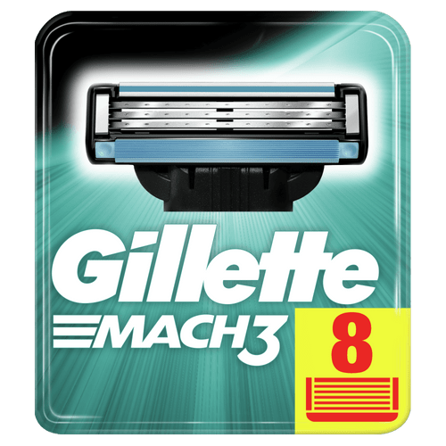 Ein Rasierklingen-Kartusche namens Gillette Mach 3 mit einem großen gelben Karton, der die Zahl 8 zeigt.
