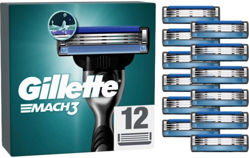 Eine Packung mit 12 Gillette Mach3 Rasierklingen in blau und Silber mit mehreren Klingen.
