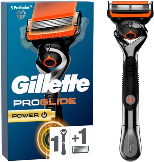 Gillette ProGlide Rasierer mit orangeem Rasierkopf und schwarzem Griff, Verpackung zeigt Leistung und Zusatzklingen.