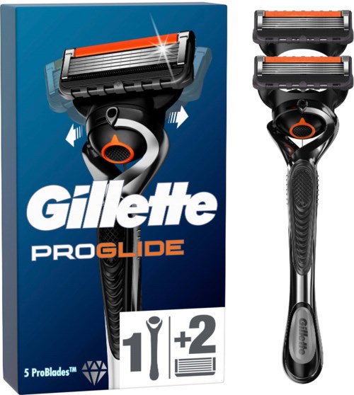 Gillette ProGlide Rasierer mit einem Rasierer und zwei Klingen-Refills, auf einer blauen Box.