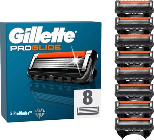 Die Verpackung zeigt Gillette ProGlide Rasierklingen, mit acht Klingen an der Seite, zum Rasieren.