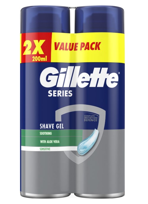 Zwei Dosen Gillette Rasergel mit blauen Deckeln, als 2X-Wertpackung, je 200 ml, für empfindliche Haut mit Aloe Vera.