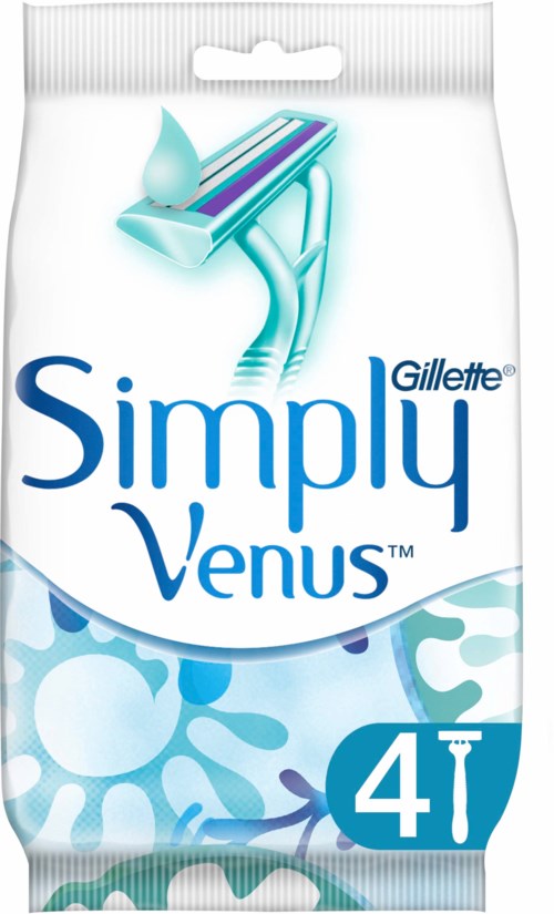Packung Gillette Simply Venus Rasierklingen, enthält vier Klingen, mit blauem und weißem Design.