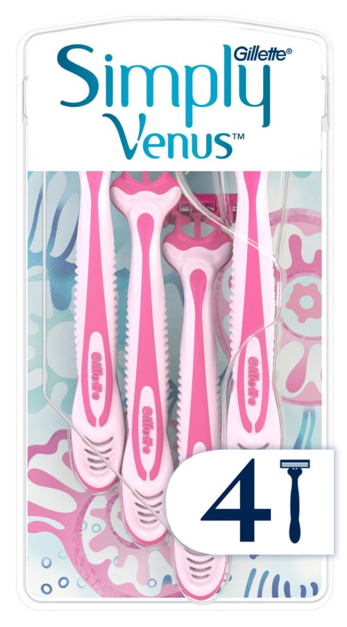 Eine Packung mit vier rosa und weißen Rasierern, Markenname Simply Venus von Gillette.