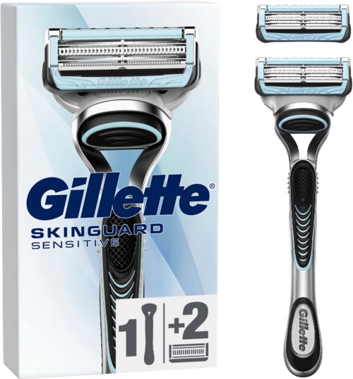 Gillette Rasierer mit Verpackung, zeigt einen Rasierer und zwei Ersatzklingen. Für empfindliche Haut.