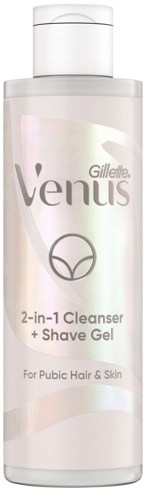 Gillette Venus 2-in-1 Reinigungs- und Rasiergel für Schambereichshaar und Haut. Weißer Flasche mit Logo und Text.