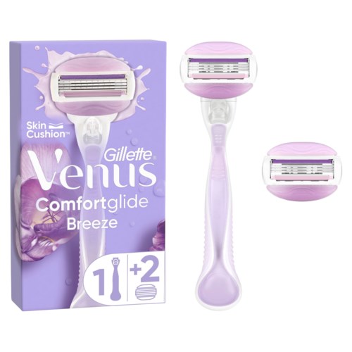 Gillette Venus Rasierer mit zwei zusätzlichen Ersatzklingen in lila und weißer Verpackung.