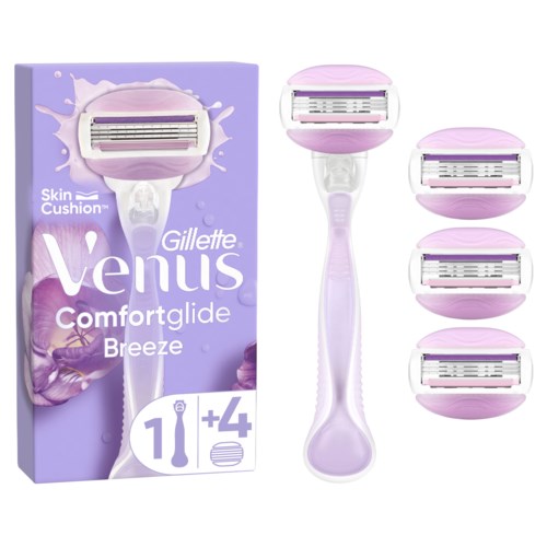 Gillette Venus Comfortglide Breeze Rasierer mit fünf rosa Rasierklingen und einer lilafarbenen Verpackung. Hochwertige Verpackung und Design.